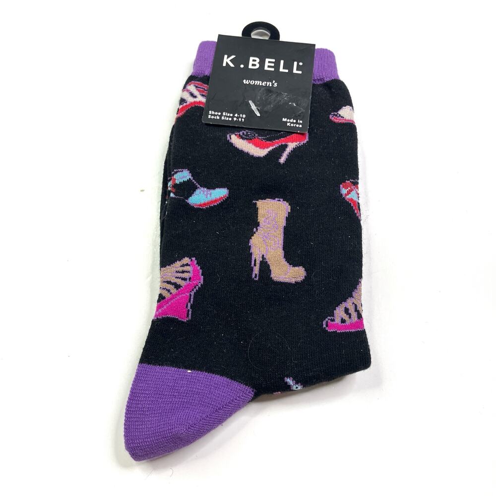 K. Bell Women's Socks Black & Purple with High Heel Fun Pattern NWT
